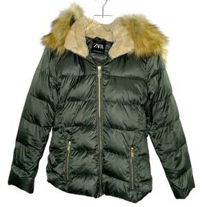 Zara XS Womens Olive Puffer Jacket Coat Faux Fur Hood Y2K Vibe 90s Baddie